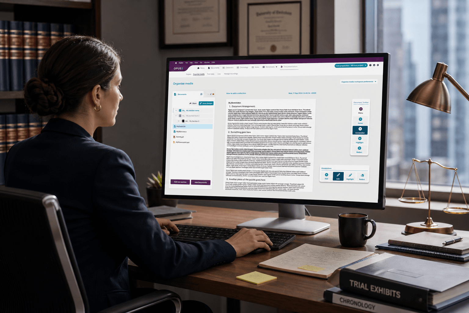 The next step is to define the core documents for trial presentation. The decision was to separate 'preparation' workflows from in-court presentation workflows entirely — creating two purpose-built experiences optimised for different mental models and operating conditions. The user needs to separate document management and case organisation for the purpose of live presentation.