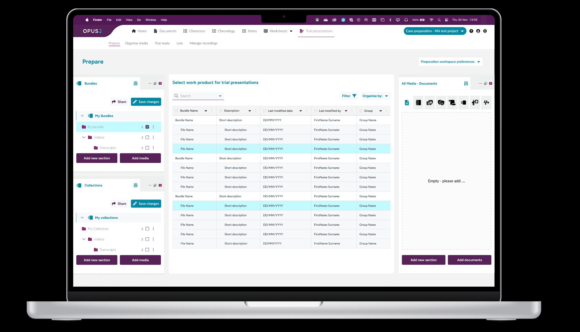 Strategic redesign of the trial presentation workflow focused on operational clarity, evidence retrieval, and courtroom confidence. It comprised detachable UI, with controlled contextual information as and when the user needs it. The design was optimised for the realities of legal practice rather than technical system structure.